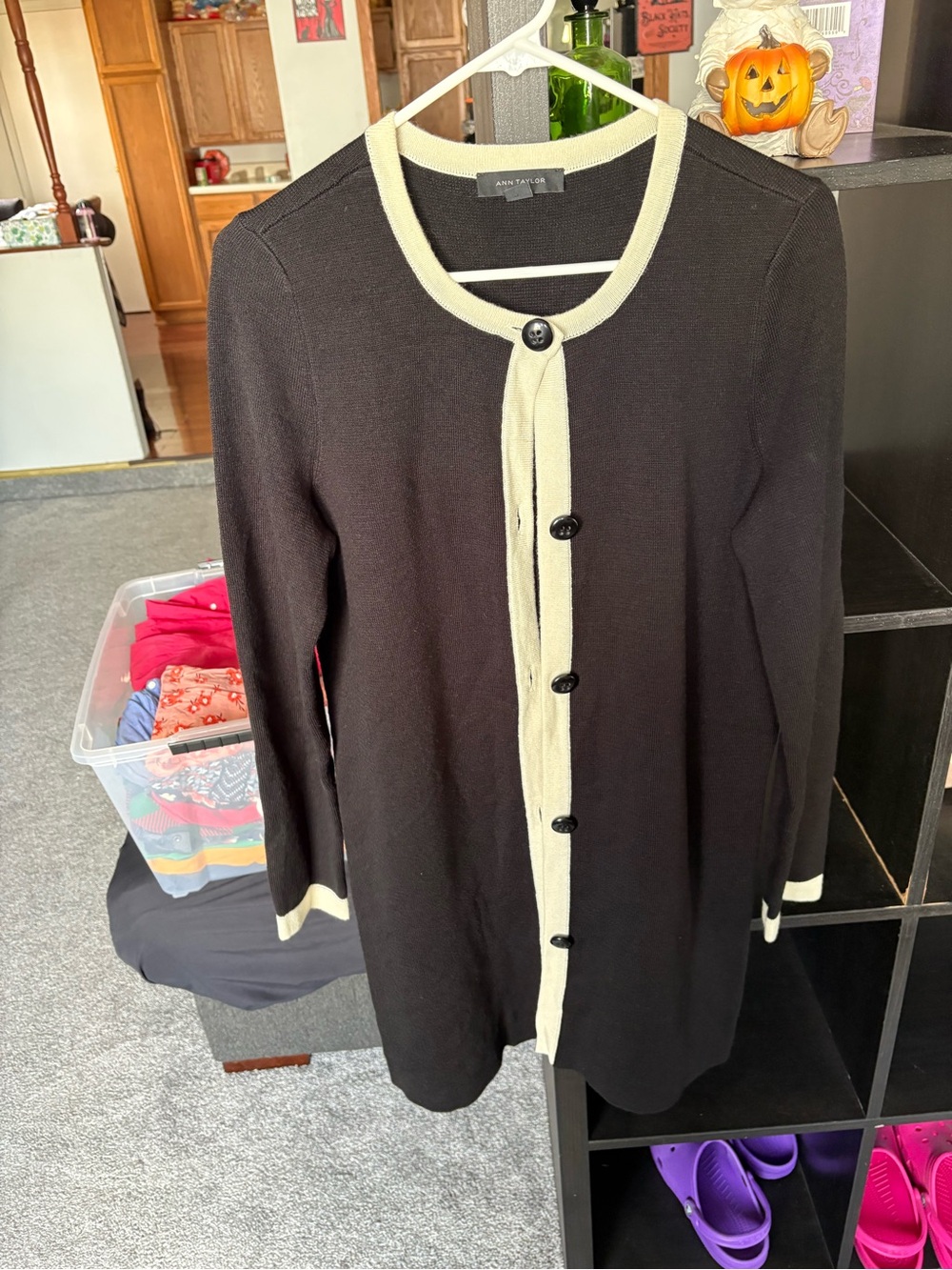 Ann Taylor Black Cardigan with Cream Trim